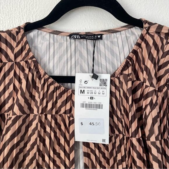 NWT Zara Geometric Printed Brown Pleated Dress - Picture 5 of 8